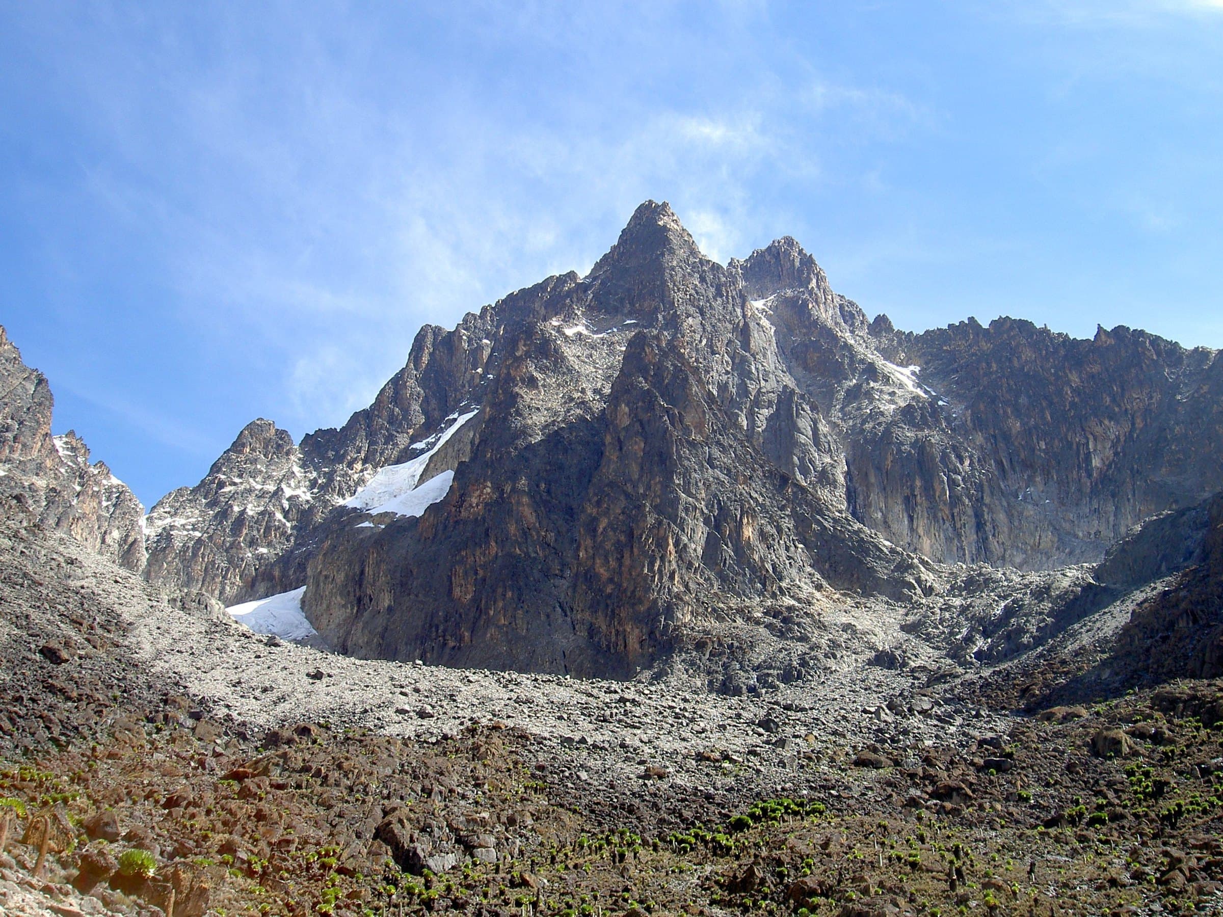 Batian and Nelion, the twin summits of Mount Kenya, with Point Slade in the foreground